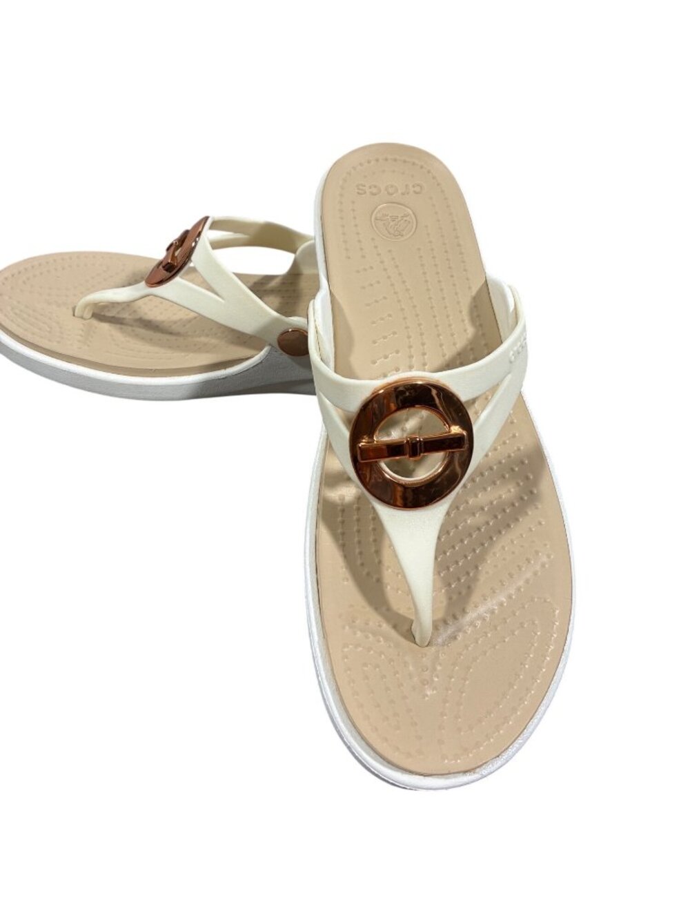 Crocs Sanrah White wedge thong Sandal  shoes Rose Gold Accent Size 7